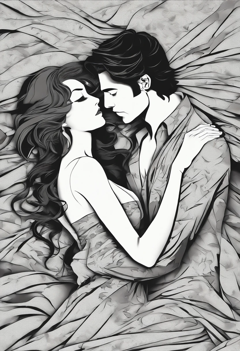 artistic, loose, dramatic lighting, high contrast, light beams, dramatic image of oiled up couple engaged in doggy style position on a bed, the man is behind the woman, his hands gripping her hips as he thrusts into her from behind, her head is thrown back in pleasure, her hair cascading down her back, her breasts are tight, breasts covered with loose ripped cloth, and swaying with each movement, her hands are gripping the sheets tightly, the mans face is filled with desire and intensity, his eyes locked on the womans body, foggy, colorful, ink splatter