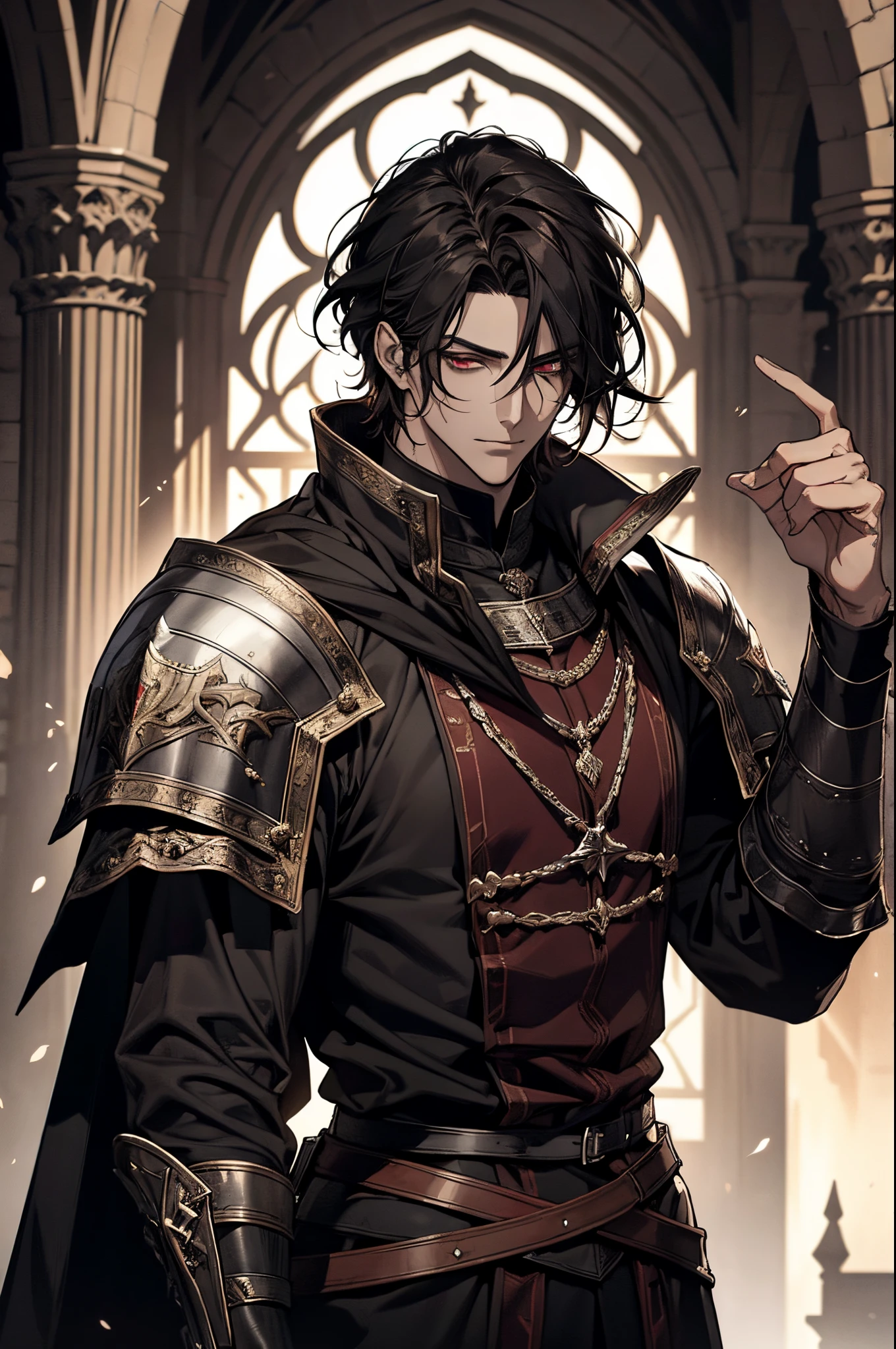 1 male, adult, mature face, beautiful, short tousled black hair, dark red eyes, clear and detailed eyes, handsome, tall, nobility, black clothing, calm, condescending, medieval fantasy, medieval castle background, dark fantasy, (soft coloring, dynamic shading), side view, looking at viewer