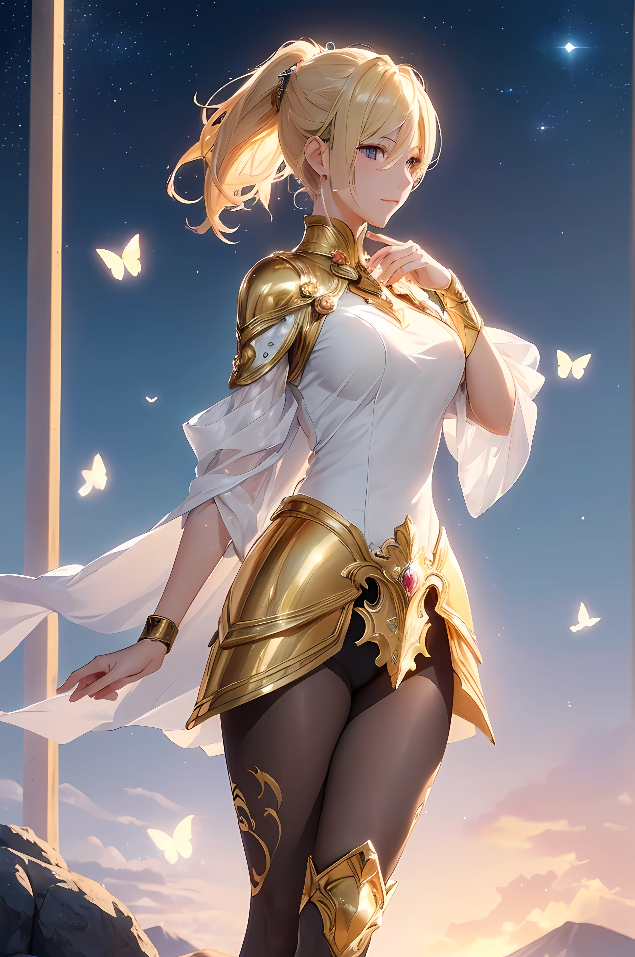A beautiful woman, ((( golden knight, golden armor, elegance))), ((perfect body figure, beautiful face, beautiful face, milf, age 46, royal, blond color hair, ponytail hair style, beautiful skin, Extremely details hair, fine details)), (((cinematic lighting, beautiful lighting effect, creative design, full body frame, divine aura, hard harmony , shining moonlight, perfect color transition, perfect balance of contrast, perfect color layer, perfectly smooth color blur, soft rendering, smooth color stroke, moon glare, optic lens, moonlight ray, soft colors, smooth colors blend, perfect color rendering, harmony, perfect color harmony, beautiful color, soft harmony, light particles, perfect details, intricate details, color prism, fine details, refine details))), Tachibana Omina art style, affectionate eyes, half a smile, slightly open mouth, a gentle expression on his face, top of mountain, breeze and moonlight in the background, butterflies in the sky, realism, ((Best quality))),8k,((Masterpiece)),(Extremely refined and beautiful)