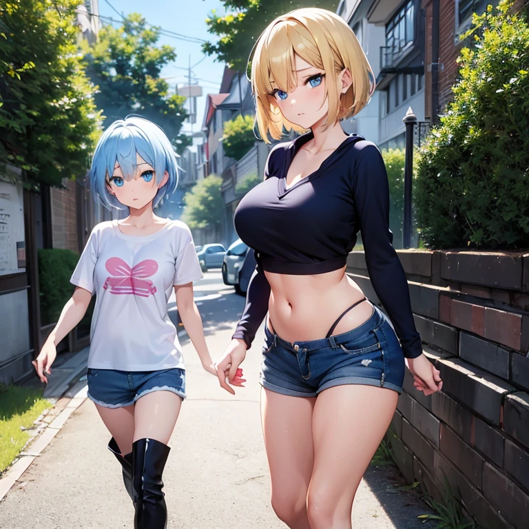 2D anime style、Blue eyes、Adults、Breasts are large、a cool、fluttering short blonde hair、Beautuful Women、shortpants、Tops that show your stomach、long boots、full bodyesbian、Will、walking alone