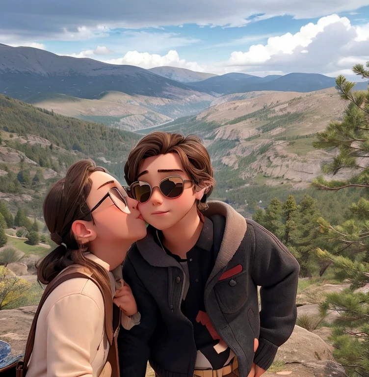 Girl kissing boy in sunglasses on the cheek