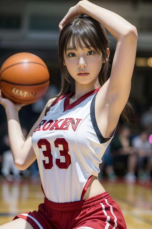 (8K、Raw photography、top-quality、masterpiece:1.2)、(realisitic、Photorealsitic:1.37)、ultra-detailliert、超A high resolution、 girl、see the beholder、serious facial expression、beautifull detailed face、bright expression、Constriction、(Slim waist)、Beautiful detailed skin、Skin Texture、Professional Lighting、Angle up to the thighs、Medium Hair、poneyTail、Beautiful armpits、big breasts、beautiful ass、eye liner、Basketball Uniforms、Sleeveless、Perfect shorts、Basketball Game Venues、((Holding the ball))(randome pose)