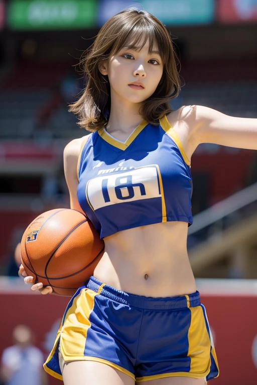 (8K、Raw photography、top-quality、masterpiece:1.2)、(realisitic、Photorealsitic:1.37)、ultra-detailliert、超A high resolution、 girl、see the beholder、serious facial expression、beautifull detailed face、bright expression、Constriction、(Slim waist)、Beautiful detailed skin、Skin Texture、Professional Lighting、Angle up to the thighs、Medium Hair、poneyTail、Beautiful armpits、big breasts、beautiful ass、eye liner、holding up a basketball uniform、Sleeveless、Perfect shorts、Basketball Game Venues、((holding a basketball))(randome pose)