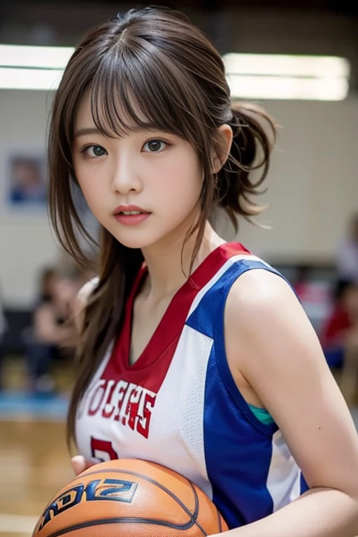 (8K、Raw photography、top-quality、masterpiece:1.2)、(realisitic、Photorealsitic:1.37)、ultra-detailliert、超A high resolution、 girl、see the beholder、serious facial expression、beautifull detailed face、bright expression、Constriction、(Slim waist)、Beautiful detailed skin、Skin Texture、Professional Lighting、Angle up to the thighs、Medium Hair、poneyTail、Beautiful armpits、big breasts、beautiful ass、eye liner、Basketball Uniforms、Sleeveless、Perfect shorts、Basketball Game Venues、((Taking off the shirt))(randome pose)