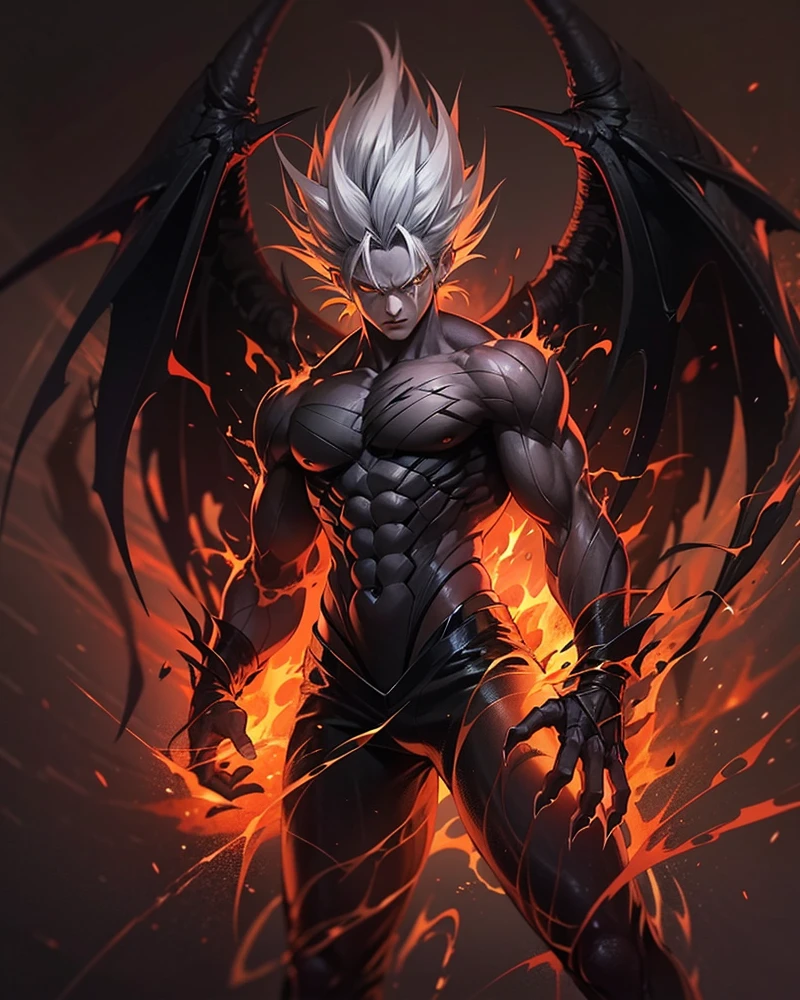 An image generated by AI representing a demon, a super Saiyan style character,. thin body, the face is super Saiyan style, hair is silver arms with black highlights, the eyes are transformation style into super Saiyan without popilla in the eyes, his clothes he is a demon shell covering his entire body Sparta style of devil may cry, and on my chest there is a shiny point in the shape of a ball with flames, his hands have demon claws. his feet have demon claws and two black wings Their backs are huge and look like demon-style wings with flames on them, emanating a sinister energy. The demon is surrounded by a black aura, in the dark background only with the glow of the demon's very realistic flames. The image has a dark and threatening tone, conveying the feeling that the devil is an unstoppable and destructive force. .super detailed .effects .perfect body .male .male gender .wings .big wings .perfect wings .silver hair .super Saiyan style .slim body .black wings.estilo anime