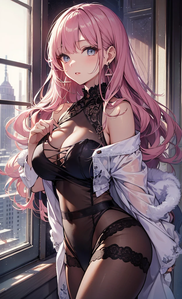 Modern fashion shirt paired with classic princess skirt,ultra - detailed, She has long pink curly hair,20岁女孩,Light eyes,She has earrings, she has plump lips, Breast view, Panty view,Raised sexy,arch downward,((Sheer transparent clothes)),((Outside the window is a luxurious night view)),电影灯光,She appeared in the bedroom of a luxury hotel,Postural seduction
