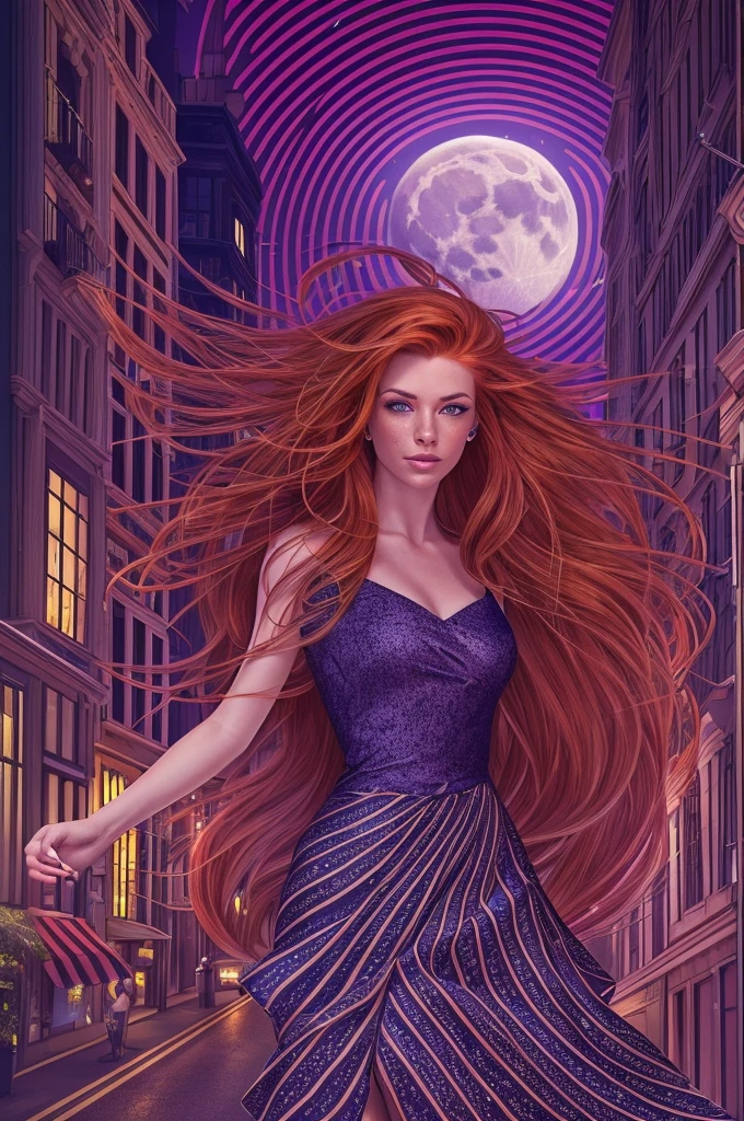 the detailed picture of a beautiful redhead woman with long flowing hair, freckles, and blue eyes. She should be wearing a long flowing black dress, black high heels and black nylons. I don't want any distortions or extra arms, legs, or fingers. This should be photo-realistic and of the ultra-best quality. I want the background to be a city street under a fool moon.