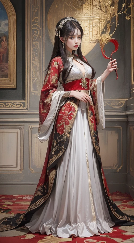 Dark majestic palace background, Red flames and black swirls, A beautiful girl stands in the center of the palace, Traditional Chinese costume jewelry, Oil painting in acrylic, Light white and light silver, kinako, firey, skylights, smokes, exquisite costumes, Full body photo, traditionalcostumes, eye - catching detail, Best quality at best.