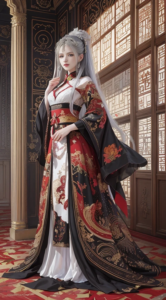 Dark majestic palace background, Red flames and black swirls, A beautiful girl stands in the center of the palace, Traditional Chinese costume jewelry, Oil painting in acrylic, Light white and light silver, kinako, firey, skylights, smokes, exquisite costumes, Full body photo, traditionalcostumes, eye - catching detail, Best quality at best.