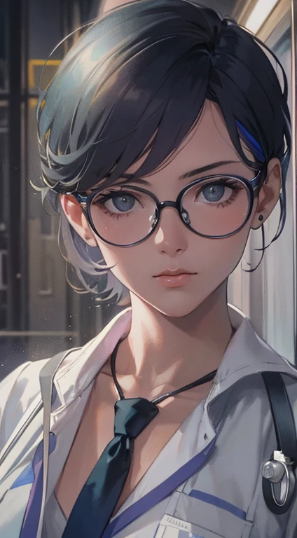 1girl, first-person view, Retro Flare, f/1.2, 50mm, Hasselblad, UHD, retina, masterpiece, ccurate, anatomically correct, textured skin, super detail, high details, high quality, best quality, highres, 1080P, HD, 4K, 8k, expressionless, closed mouth, looking at viewer, hands in pockets,cowboy shot,short hair, dark blue hair, Wear glasses,men's white doctor coat, collared white shirt, black necktie, black pants