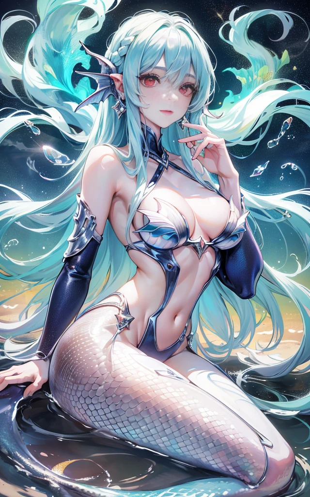 (((1人))), 巨作, hoang lap, Best quality at best ,Complicated details, ((((full bodyesbian)))), (Glossy glossy skin, shining body, Oily and shiny skin, shinny hair, Pale complexion), The sun sets, Attractive, ((musculous)), AS-Adult, Youn, 耳Nipple Ring, Don't look at the view , Not looking at the view, silber hair, Braided hair, Perfect and detailed face shape, Perfectly detailed hands, Triton, to the, red eyes, triton ears, fake smile, Ocean sea jewelry, Open the chest, ((long mermaid tail)), No legs, ocean floor, The fish,(((the night))), rays of moonlight, darkly, dark light, Characters seen from a distance