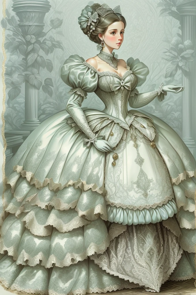 Fairytale Illustration, A Stately and Elaborate Royal Victorian Court Dress of silver damask adorned with (((bows))), poufs, ruffles, frills, lace, (((embroidery))), and jewels,, with (((enormous puffed sleeves))), an hourglass waist, and a (((huge crinoline hoopskirt))) long white gloves, pearl necklace and earrings