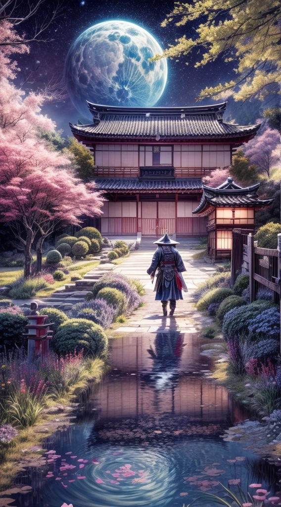 vista lejana samurai caminando por un riachuelo viendo una casa japonesa en llamas, con petalos de flor de cerezo caidos, mientras lo refleja la luz de la luna, reflejo de guerra, esencia de cultura japonesa, 8k, hyper-realism