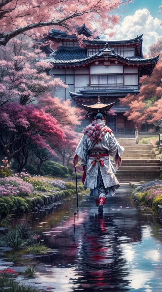 vista lejana samurai caminando por un riachuelo viendo una casa japonesa en llamas, con petalos de flor de cerezo caidos, mientras lo refleja la luz de la luna, reflejo de guerra, esencia de cultura japonesa, 8k, hyper-realism