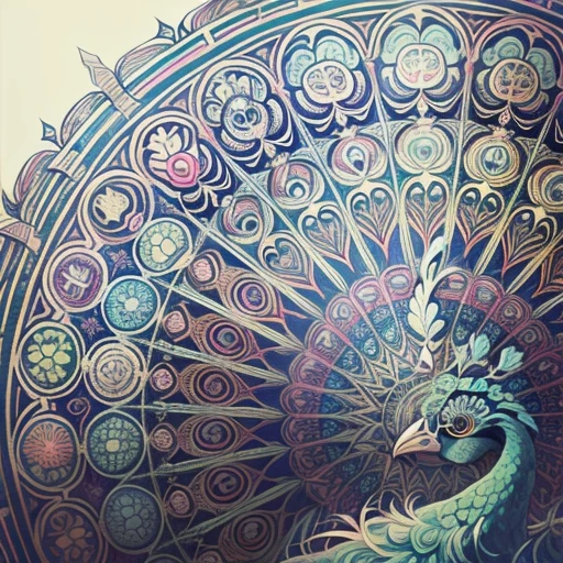 White peacock, Full white background, Use outline only, line-drawing, Mandalas for coloring with natural ornaments, Simple and clean lineart, Coloring book page, Art Nouveau décor, With the brushstrokes of Alphonse Mucha, perfect detail, Wearing neon bioluminescent samurai 、 with (NeonNoir) rainbow technicolor aura, ultra-detailliert, Convoluted, Stunning colors, Masterpiece of alchemical hallucination art --auto --s2