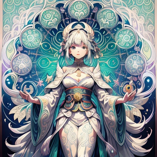 White peacock, Full white background, Use outline only, line-drawing, Mandalas for coloring with natural ornaments, Simple and clean lineart, Coloring book page, Art Nouveau décor, With the brushstrokes of Alphonse Mucha, perfect detail, Wearing neon bioluminescent samurai 、 with (NeonNoir) rainbow technicolor aura, ultra-detailliert, Convoluted, Stunning colors, Masterpiece of alchemical hallucination art --auto --s2
