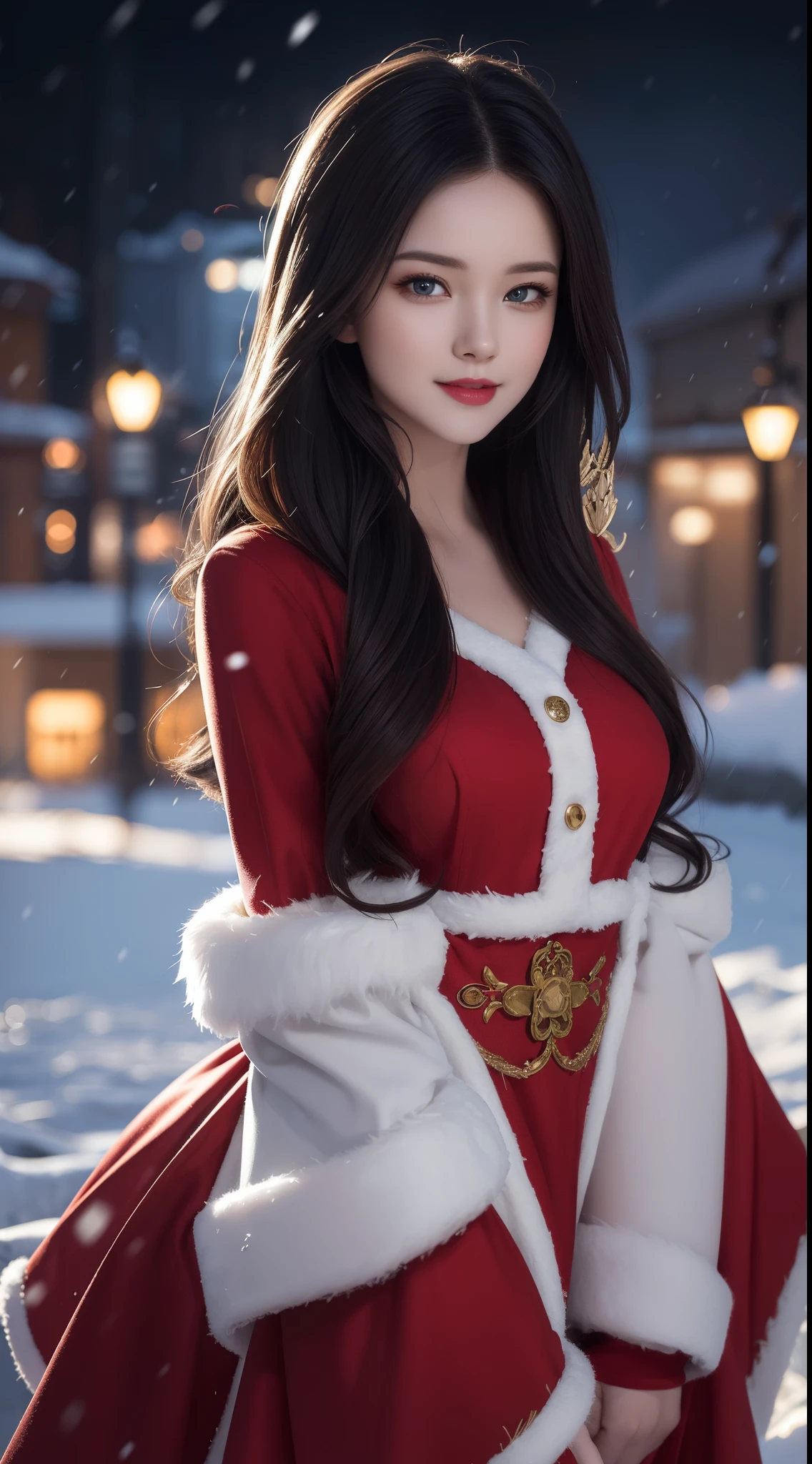 (Aesthetic, High Resolution: 1.2), full-body portrait of a beautiful 20-year-old woman wearing an intricately detailed red boby Santa Claus costume, symmetrical costume structure, clear eyes bright, happy smile, changed hairstyle, snow is falling, snow in hair. Professional photographer, minimalism, concept art, intricate detail, 8k post-production, High Definition, Super Detail, trending on ArtStation, sharp focus, artistic dark studio photos , intricate details, Highly detailed, By Greg Rutkowski, professional light and dark art, Vibrant colors. Outdoor winter scene with snow in the evening, A slight smile, True art, various hairstyles and color changes, Passionate mood, Seductive expressions, Sexy lips, Wet lips , Seductive closed eyes, Seductive appearance, suggestive posture.
