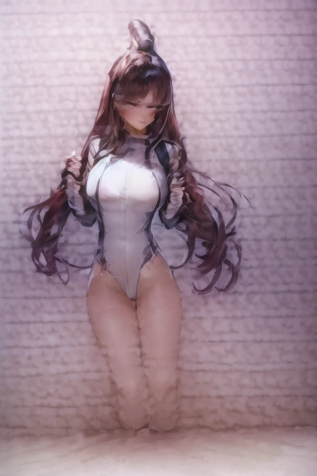 (beautiful,woman1:3)(high resolutionhig1:3)a comic that is posing while doing her squats using her legs to create the pose, 1girl, satono diamond (umamusume), ear ornament, animal ears, horse ears, long hair, standing split, horse girl, brown hair, solo, split, standing on one leg, breasts, standing, horse tail, tail, track jacket, large breasts, jacket, smile, tracen training uniform, half updo, very long hair, blush, looking at viewer, white background, simple background, long sleeves, brown eyes