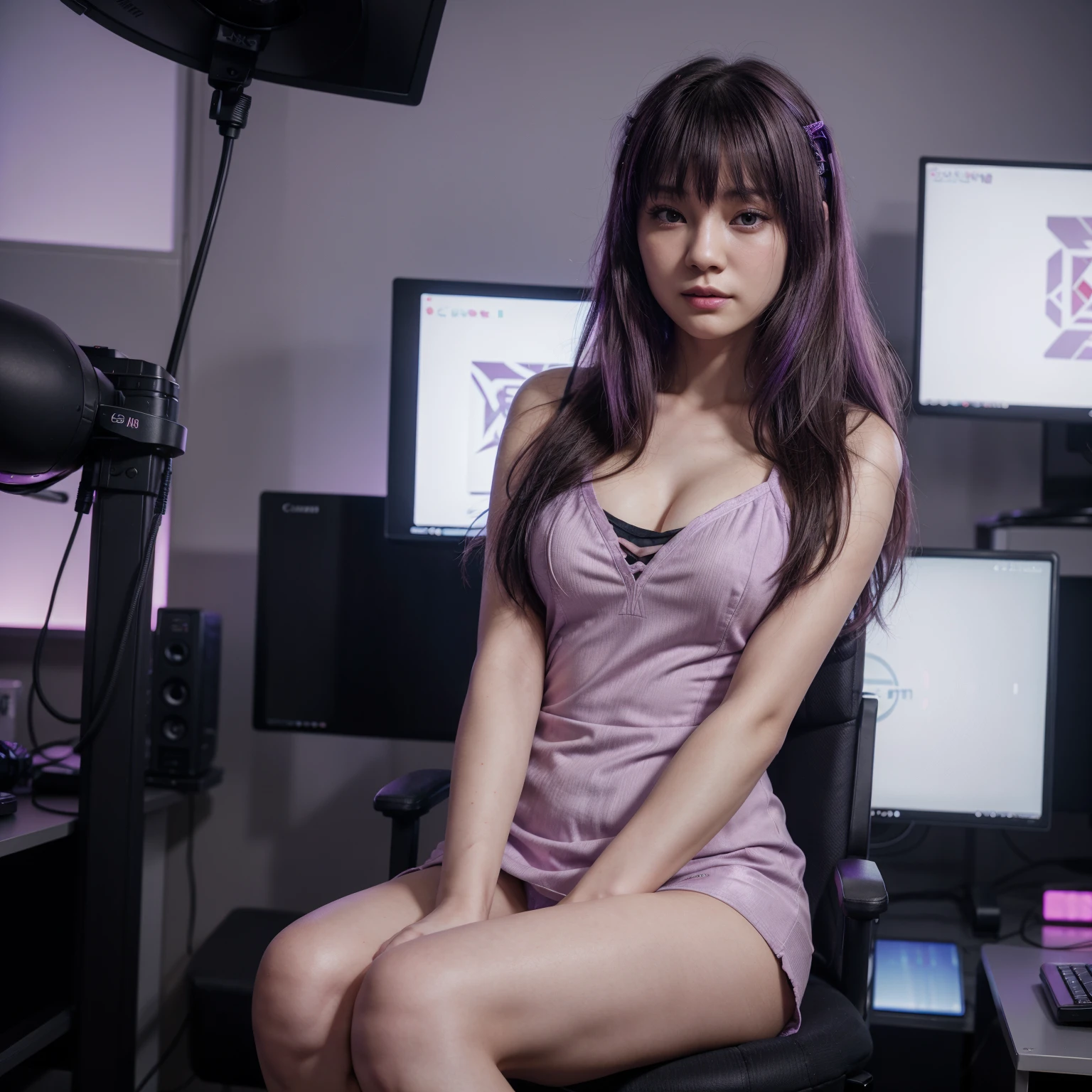 20yo woman, Vietnamese, pale_skin, bangs, white and violet highlights hair, long messy hair, BREAK purple short dress, sitting gaming chair in front of gaming desk, PC monitor, (rim light:1.2), against dark room, pink and blue light, calm theme, canon EOS, wide screen, blurry background, blurry foreground, FOV, heavy smoke in background,