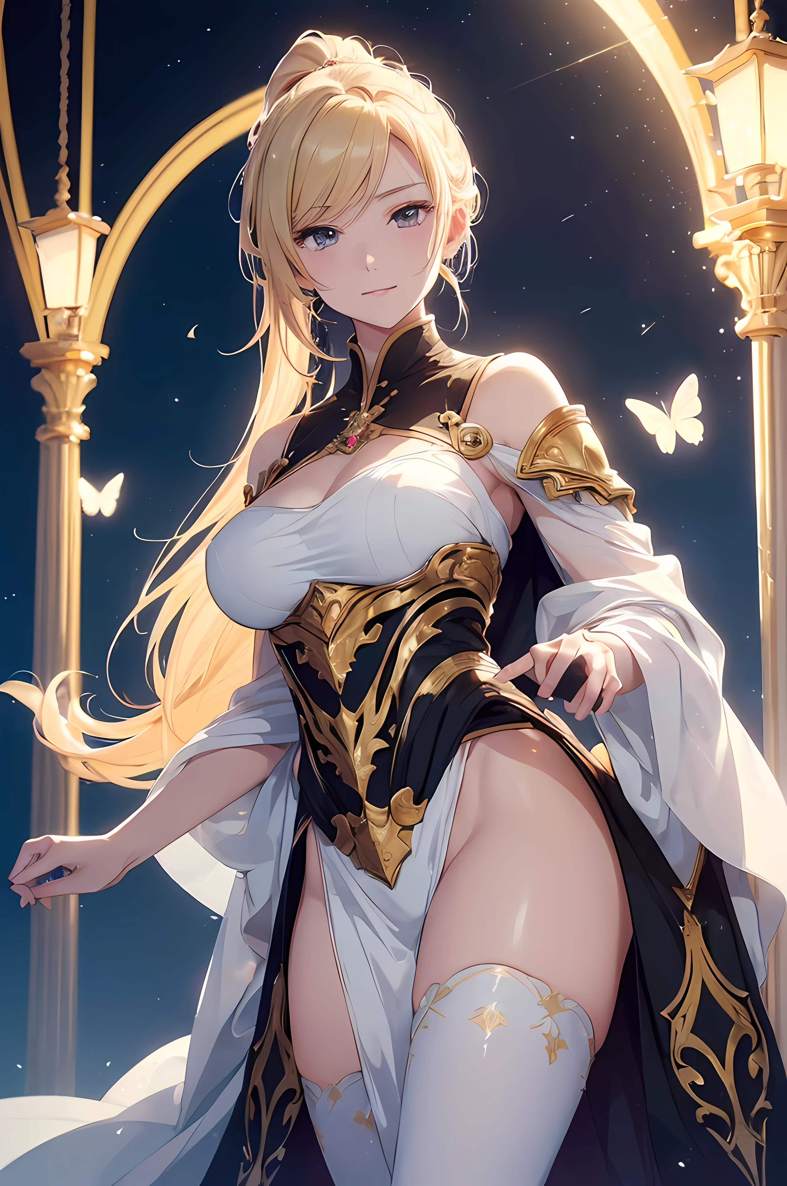 A beautiful woman, ((( golden knight, golden armor, elegance))), ((perfect body figure, beautiful face, beautiful face, milf, age 46, royal, blond color hair, ponytail hair style, beautiful skin, Extremely details hair, fine details)), (((cinematic lighting, beautiful lighting effect, creative design, full body frame, divine aura, hard harmony , shining moonlight, perfect color transition, perfect balance of contrast, perfect color layer, perfectly smooth color blur, soft rendering, smooth color stroke, moon glare, optic lens, moonlight ray, soft colors, smooth colors blend, perfect color rendering, harmony, perfect color harmony, beautiful color, soft harmony, light particles, perfect details, intricate details, color prism, fine details, refine details))), Tachibana Omina art style, affectionate eyes, half a smile, slightly open mouth, a gentle expression on his face, top of mountain, breeze and moonlight in the background, butterflies in the sky, realism, ((Best quality))),8k,((Masterpiece)),(Extremely refined and beautiful)