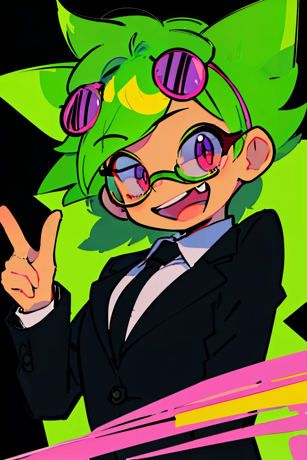 anime female short green hair and pink eyes full burst laugh laughing very wearing black glasses and a formal full suit like psy from gangnam style no background