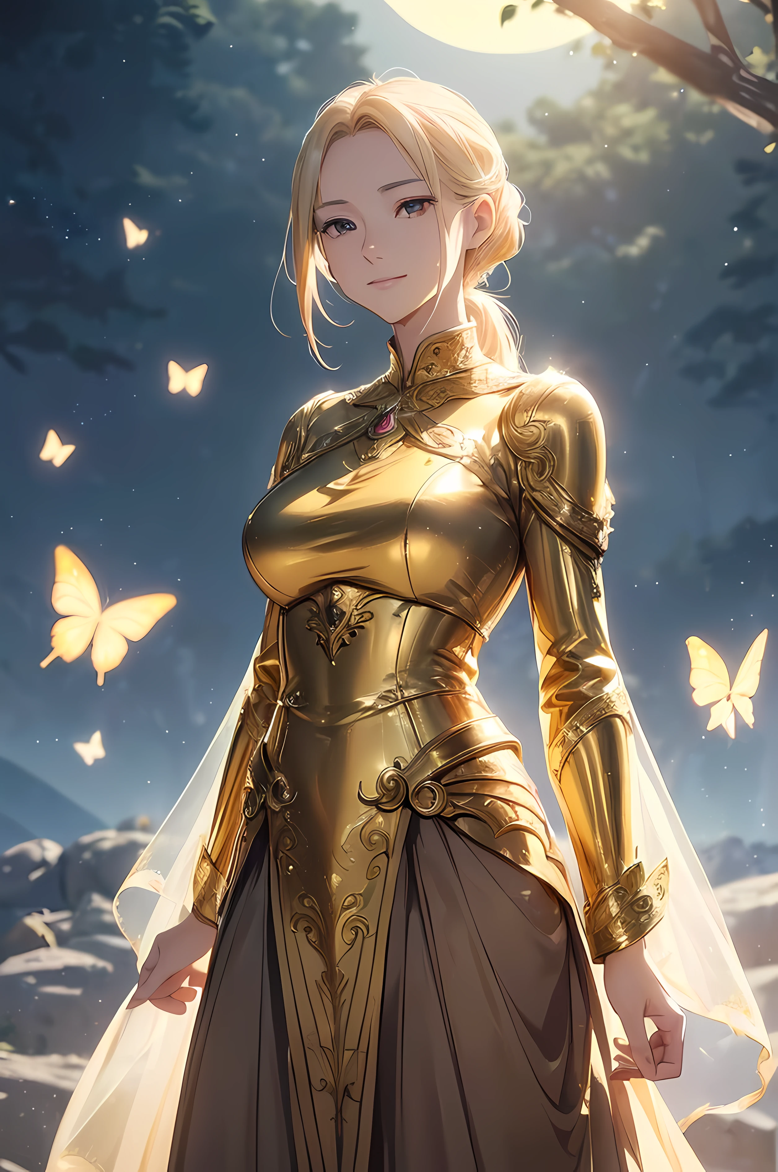 A beautiful woman, ((( golden blouse, long skirt, golden armor, elegance))), ((perfect body figure, beautiful face, beautiful face, milf, age 46, royal, blond color hair, ponytail hair style, beautiful skin, Extremely details hair, fine details)), (((cinematic lighting, beautiful lighting effect, creative design, full body frame, divine aura, hard harmony , shining moonlight, perfect color transition, perfect balance of contrast, perfect color layer, perfectly smooth color blur, soft rendering, smooth color stroke, moon glare, optic lens, moonlight ray, soft colors, smooth colors blend, perfect color rendering, harmony, perfect color harmony, beautiful color, soft harmony, light particles, perfect details, intricate details, color prism, fine details, refine details))), Tachibana Omina art style, affectionate eyes, half a smile, slightly open mouth, a gentle expression on his face, top of mountain, breeze and moonlight in the background, butterflies in the sky, realism, ((Best quality))),8k,((Masterpiece)),(Extremely refined and beautiful)