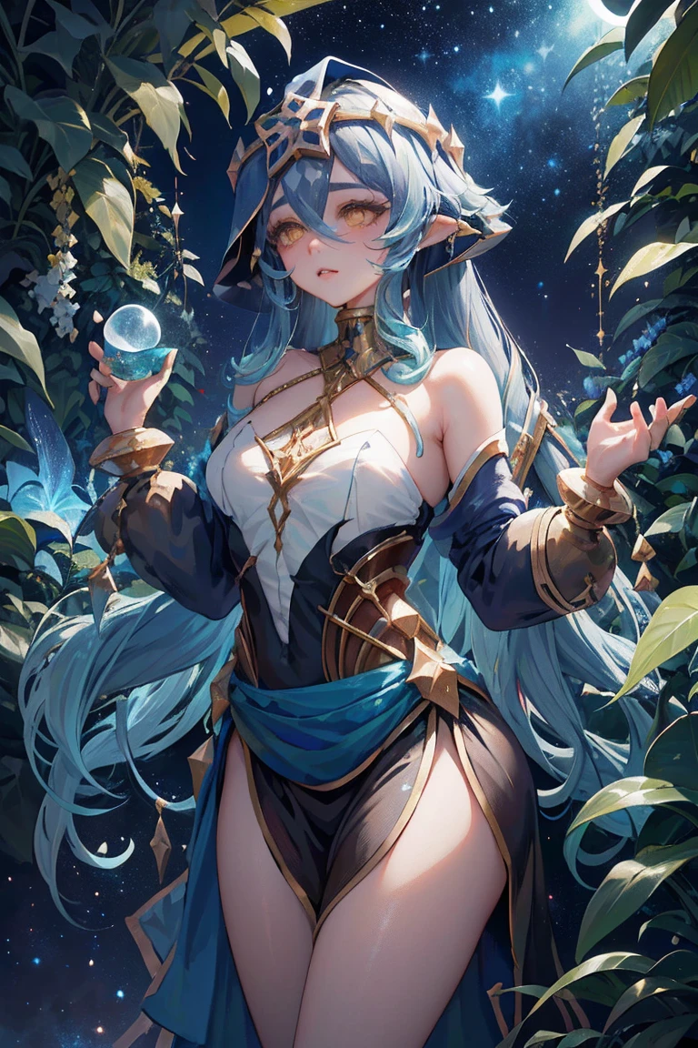 1girl solo, Layla, olhos amarelos, cabelos azuis muito longos, Capuz azul, bareshoulders, mangas destacadas, vestido azul, tampo branco, colarinho dourado, golden accessories, in a greenhouse at night, estufa de vidro, grandes plantas e flores, night sky with stars