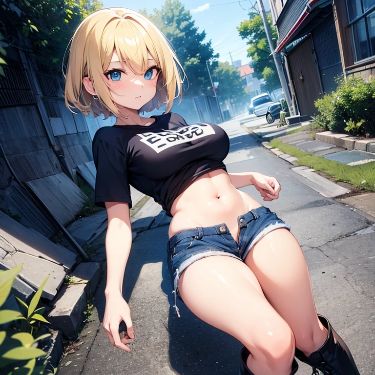 2D anime style、Blue eyes、Adults、Breasts are large、a cool、messy blonde short hair、Beautuful Women、shortpants、Tops that show your stomach、long boots、full bodyesbian、Will、walking alone