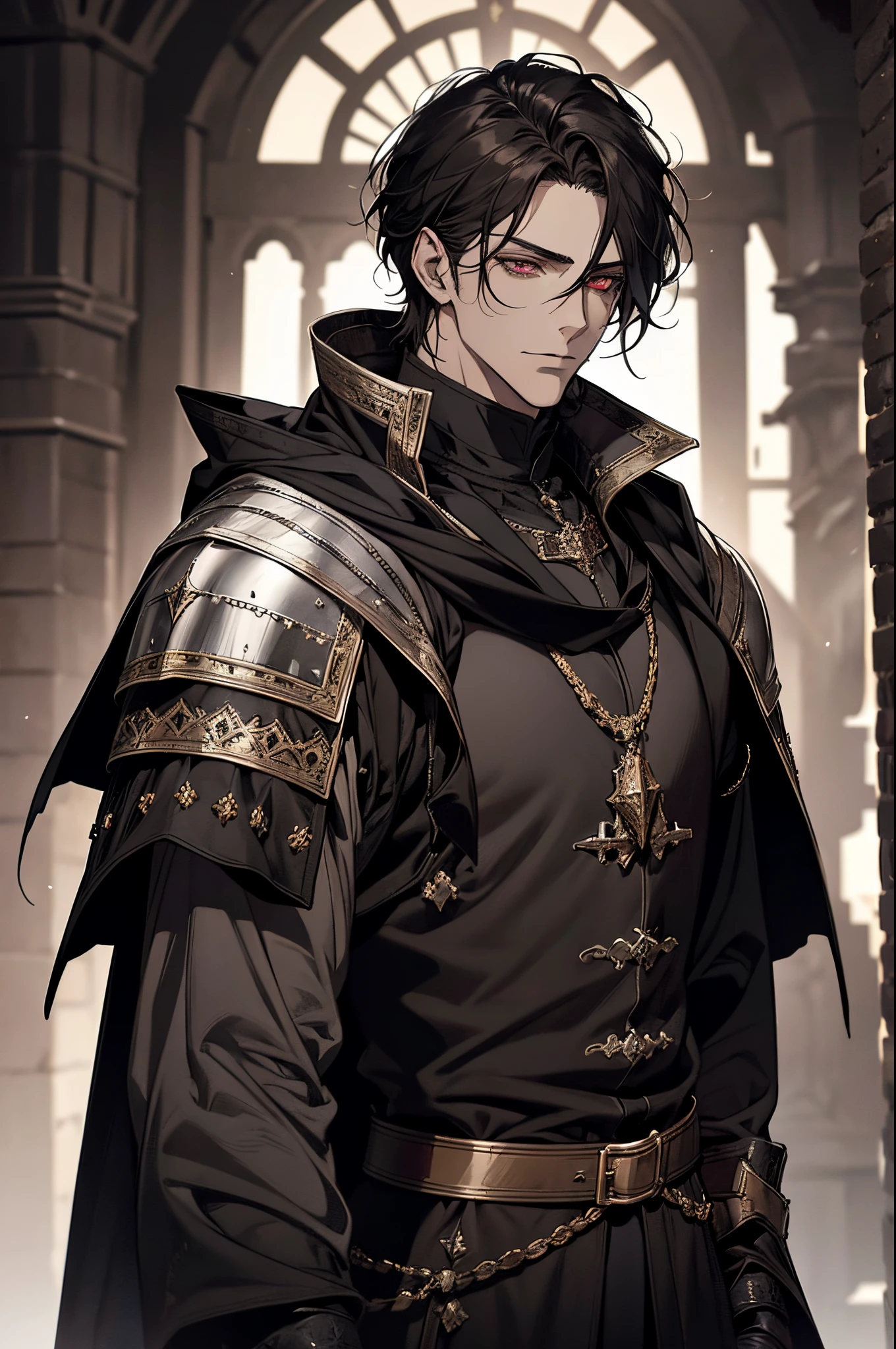 1 male, adult, mature face, beautiful, short tousled black hair, dark red eyes, clear and detailed eyes, handsome, tall, nobility, black clothing, calm, condescending, medieval fantasy, medieval castle background, dark fantasy, (soft coloring, dynamic shading), side view, looking at viewer