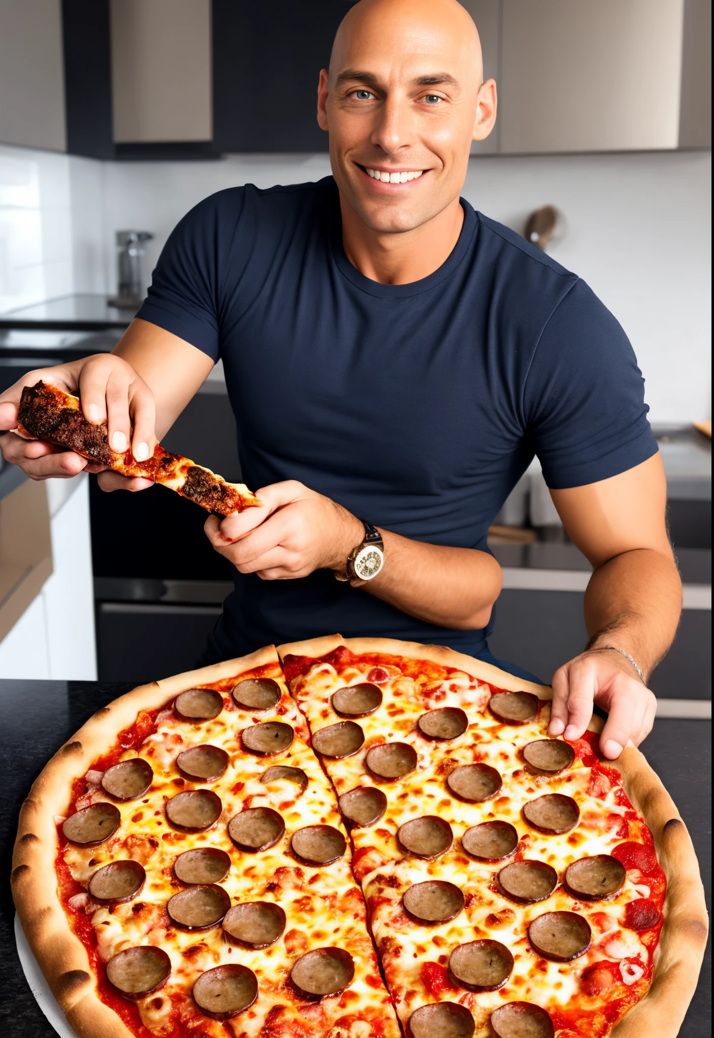 Johnny Sins holding a sausage pizza