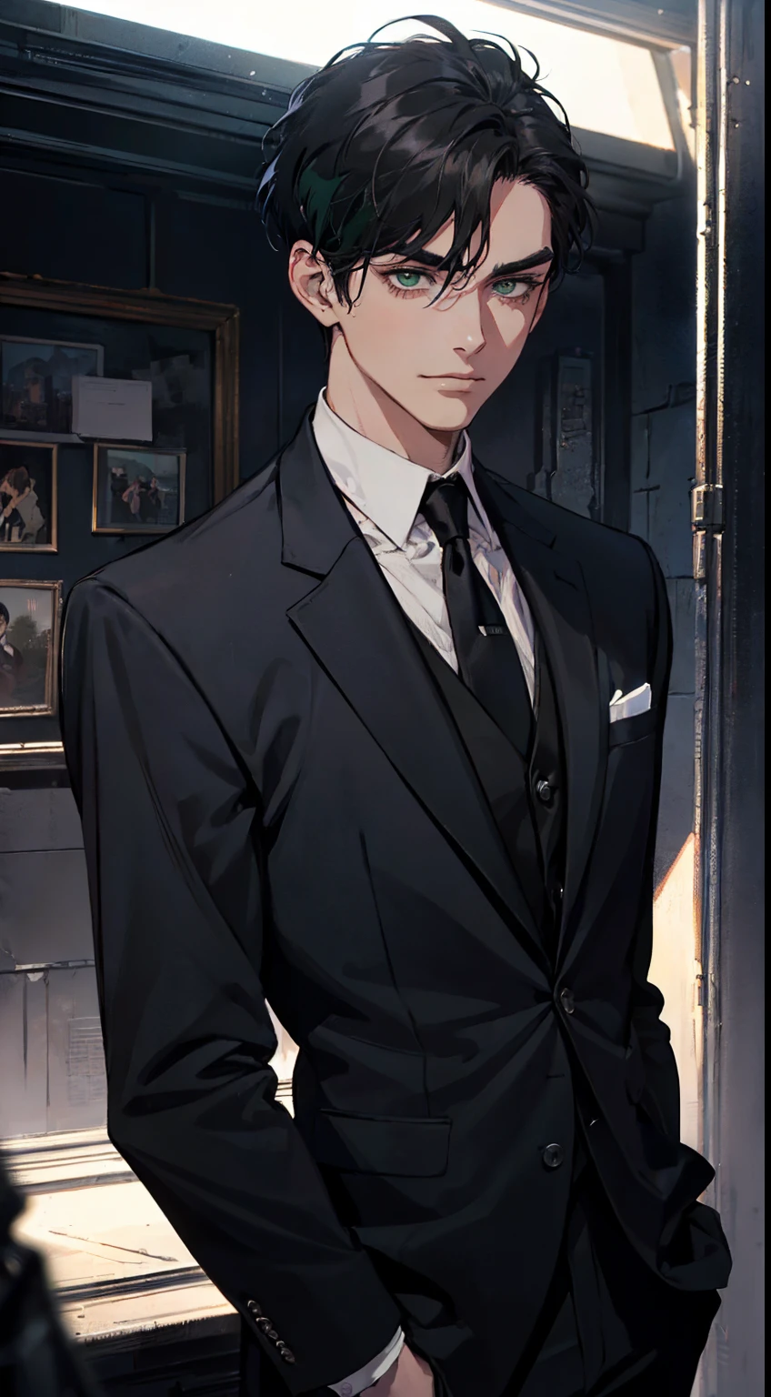 ((One man with a black suit and tie)), gotham, 1980s, alejandro, (((side swept black short hair))), (dark green eyes and thick eyebrows), smirk, ((20 years old)), ((masterpiece)), posture dynamic, in the dark, cinematic lighting