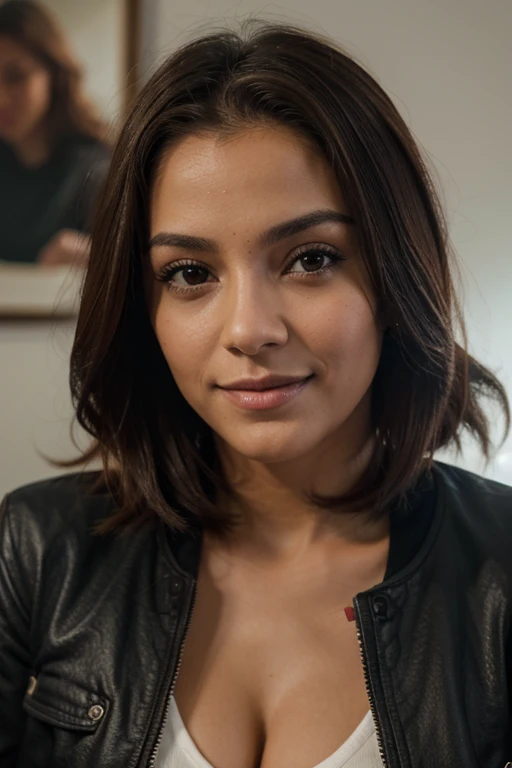 Fotografia de uma mulher muito bonita, com longos cabelos ondulados, pele castanha clara, olhos castanhos, corpo inteiro, vestindo uma jaqueta de couro, face centrada, sorriso suave, Rosto detalhado, efeito cinema, Fundo da imagem barzinho, editado no Adobe Premiere, 8k. as realistic as possible
