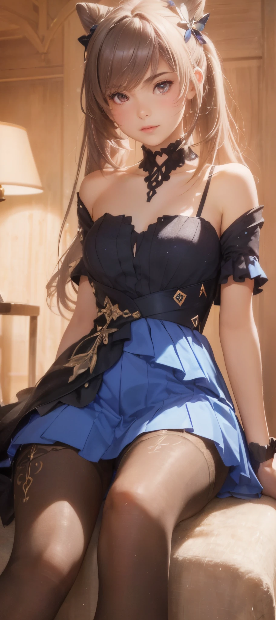 (1girl:1.3), (photorealistic:1.4), (masterpiece, top quality, best quality, official art), extreme detailed, highest detailed, (ultra-detailed), ((an extremely delicate and beautiful)), cinematic light, contemporary, (ultimate cute face), solo, sitting, spread legs, panties under pantyhose, garter straps, in heat, steam