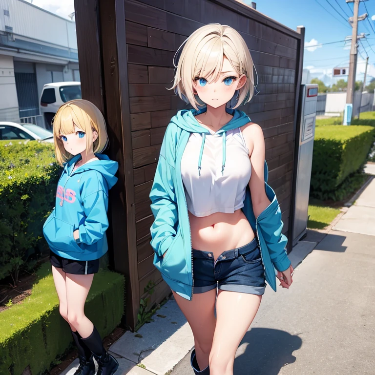 2D Anime Style、Blue eyes、Adults、breasts are slightly larger、Blonde Shorthair、Cool and beautiful woman、I'm embarrassed、full body Esbian、Winter outdoor、She wears a short, Tops that show off her stomach, and long coat.