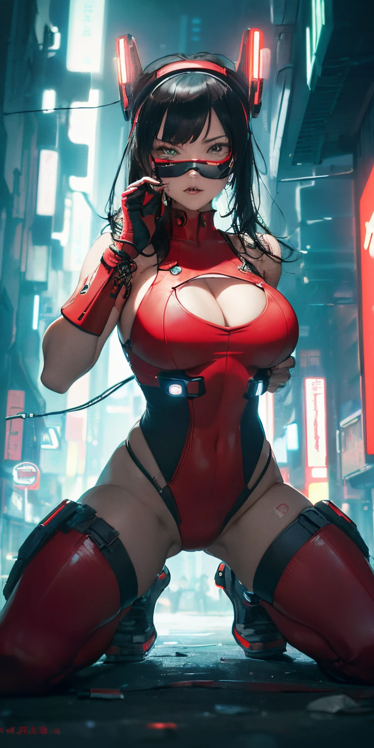 top-quality))、((​masterpiece)、Big breasted cyberpunk kneeling with hands on the ground、Big buttocks、Electronic visor attached to ****************'s face with emphasis on buttocks、Cyberpunk Fashion、Sexy Posing、((Wearing red body spats on the lower body))、Breasts enlarged、Neon lights in dark city at night、(Various poses)