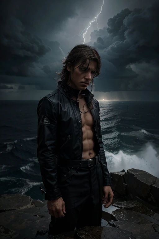 You are on top of a tall, detailed cliff, observando um personagem de anime corajoso. He's on the edge of the abyss, enfrentando uma tempestade intensa. A chuva torrencial cai implacavelmente ao redor dele, while lightning rips through the dark sky, iluminando brevemente a paisagem sombria. The furious wind ruffles the character's hair and clothes, creating a dramatic and tension-filled atmosphere. Despite adverse conditions, the hero maintains a determined expression and stares steadily into the abyss before him.