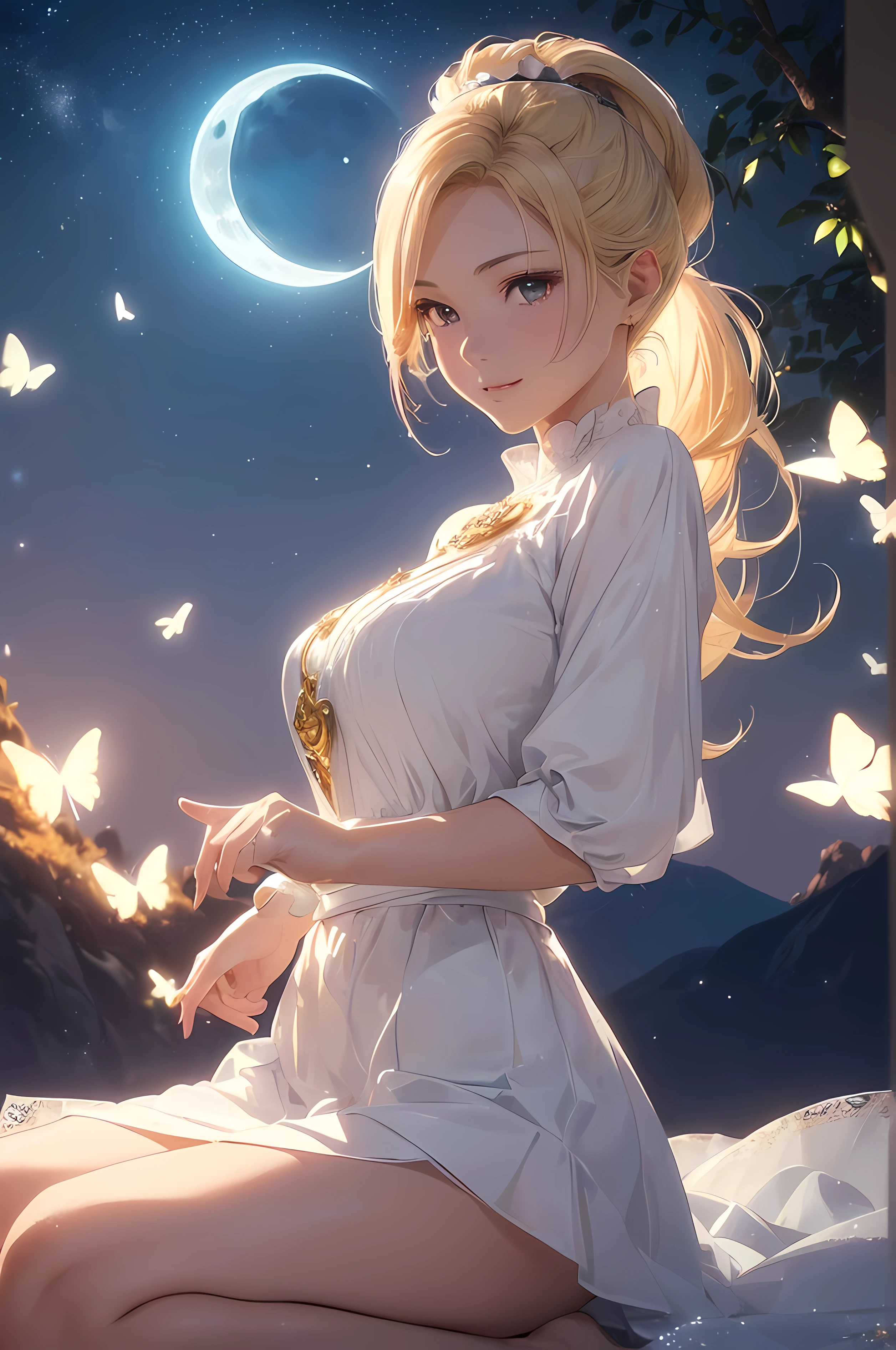 A beautiful woman, ((( golden knight, golden armor, white blouse, white skirt, elegance under the moon))), ((perfect body figure, beautiful face, beautiful face, milf, age 46, royal, blond color hair, ponytail hair style, beautiful skin, Extremely details hair, fine details)), (((cinematic lighting, beautiful lighting effect, creative design, full body frame, divine aura, hard harmony , shining moonlight, perfect color transition, perfect balance of contrast, perfect color layer, perfectly smooth color blur, soft rendering, smooth color stroke, moon glare, optic lens, moonlight ray, soft colors, smooth colors blend, perfect color rendering, harmony, perfect color harmony, beautiful color, soft harmony, light particles, perfect details, intricate details, color prism, fine details, refine details))), Tachibana Omina art style, affectionate eyes, half a smile, slightly open mouth, a gentle expression on his face, serene scenery, top of mountain, breeze and moonlight in the background, butterflies in the sky, realism, ((Best quality))),8k,((Masterpiece)),(Extremely refined and beautiful)