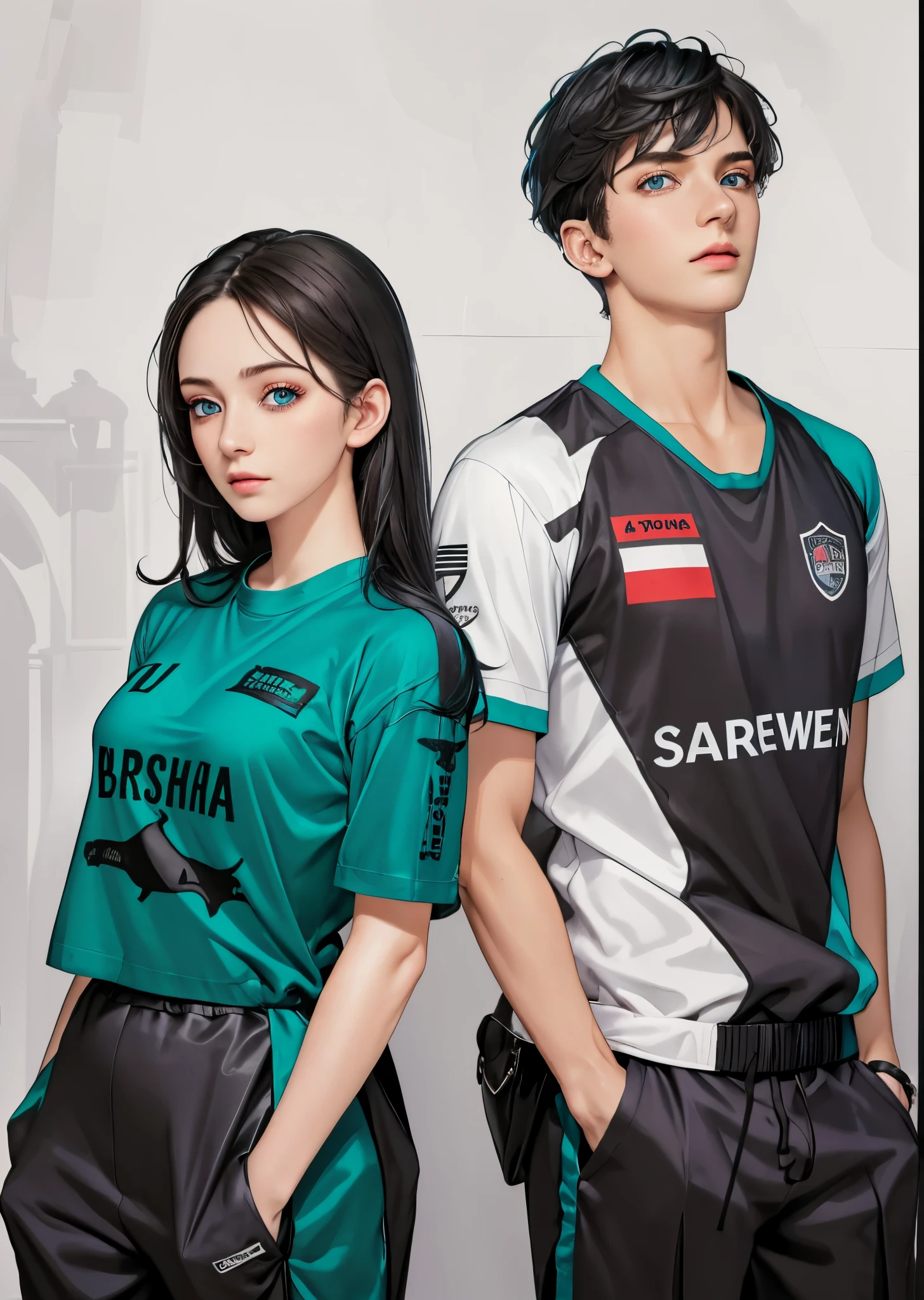 2 people, woman and man, best quality, masterpiece, ultra high res, (photorealistic:1.37), raw photo, 1girl, long hair, beautifull eyes, beautifull face, detailed eyes and face, t-shirt, dynamic lighting, in the dark, deep shadow, low key, cowboy shot, light blue hair