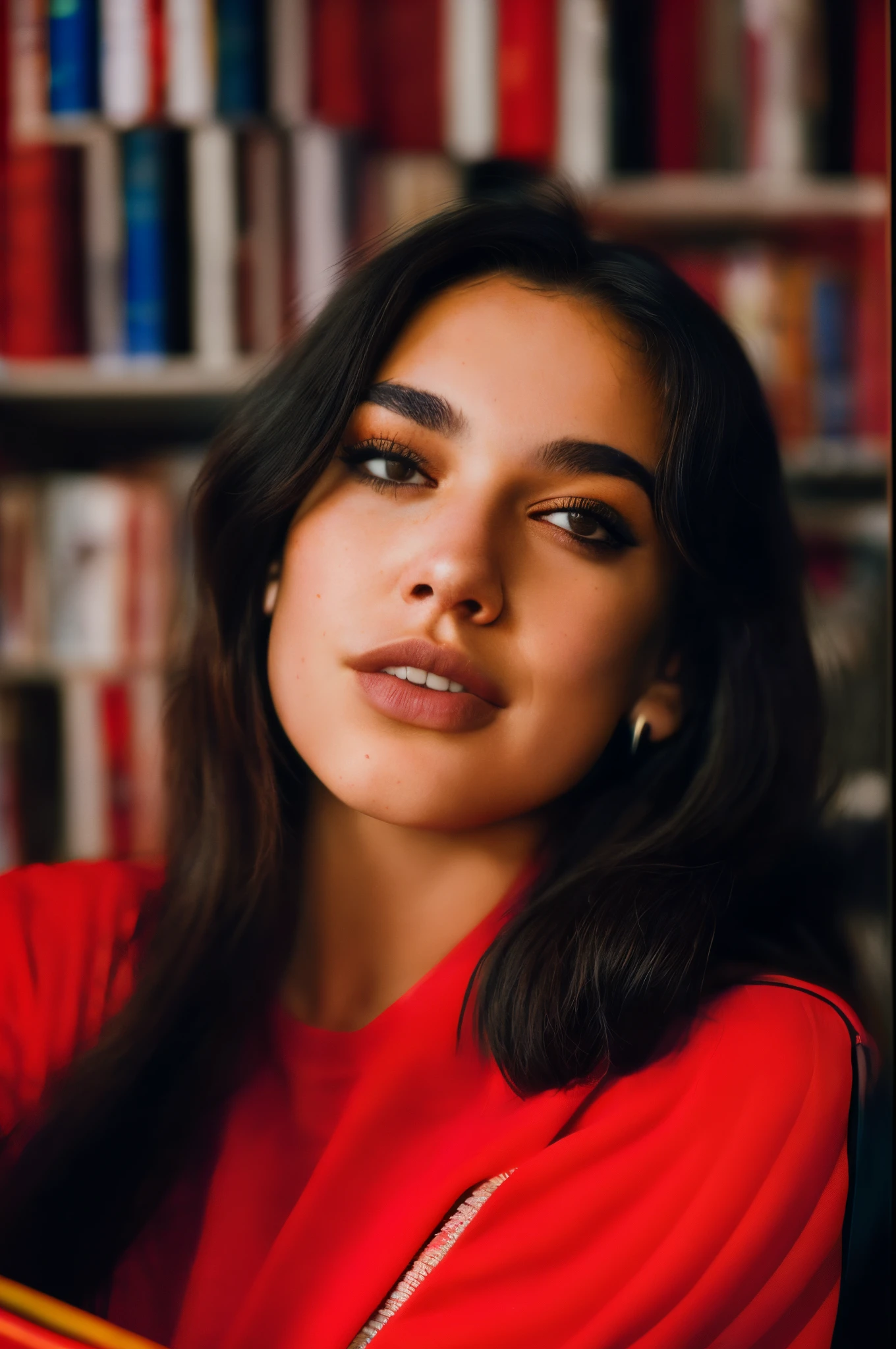 (close-up, editorial photograph of a 21 year old woman), (highly detailed face:1.4) (smile:0.7) (background inside dark, moody, private study:1.3) POV, by DuA_lipA, nikon d850, film stock photograph ,4 kodak portra 400 ,camera f1.6 lens ,rich colors ,hyper realistic ,lifelike texture, dramatic lighting , cinestill 800,