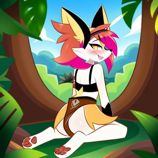 By Kilinah, (Coffeesoda:1.1), Hioshiru, Kilinah, Furry, Braixen, Anthro, Female, Solo, Native, Indigenous, Native Tattoos, Gray Bra, Grey Loincloth, Slave, Red Headband, Pink Hair, Yellow Eyes, Upward Eyes, Kneeling, Blushing, Pleasure Face, Breathless, Butt, Jungle, Native Bedroom, View paws, legs open, view pussy