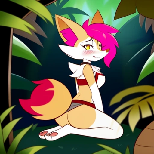 By Kilinah, (Coffeesoda:1.1), Hioshiru, Kilinah, Furry, Braixen, Anthro, Female, Solo, Native, Indigenous, Native Tattoos, Gray Bra, Grey Loincloth, Slave, Red Headband, Pink Hair, Yellow Eyes, Upward Eyes, Kneeling, Blushing, Pleasure Face, Breathless, Butt, Jungle, Native Bedroom, View paws, legs open, view pussy