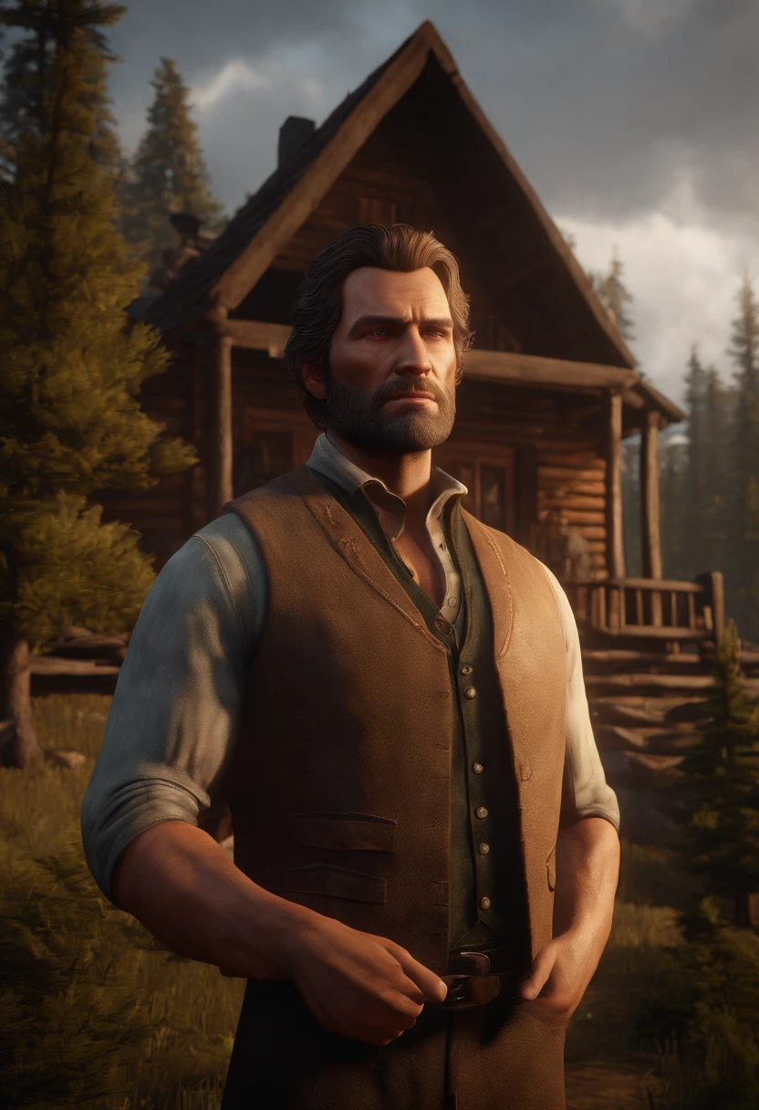 The image is of a cozy cabin nestled among towering pine trees, with smoke rising from the chimney.,Red Dead Redemption 2,Arthur is a tall 36 year old human male with a stocky build. He is 6'3, weighing roughly 230lbs. He had light skin, green eyes, thick brown hair that is kept in a swept back style, and no visible scars aside from a small one on his chin.