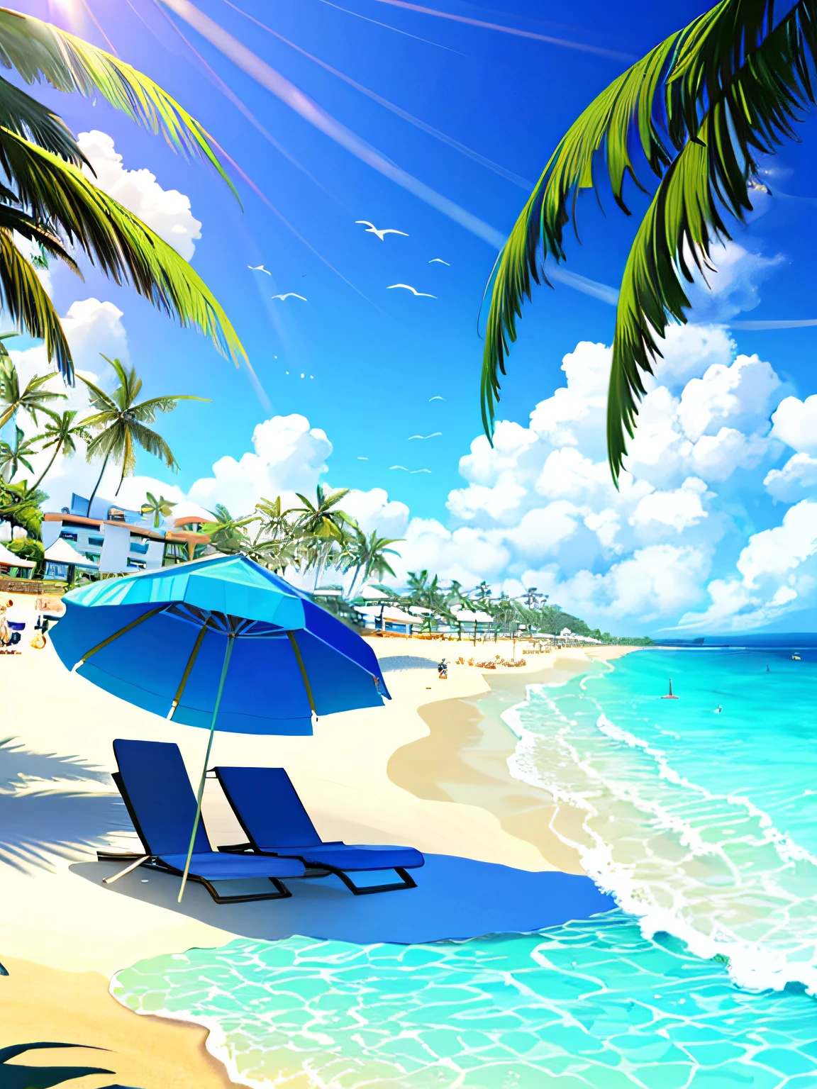 A praia tem uma piscina、sun loungers and parasols。, arte conceitual relaxante, cenas de sonho, summer time, dreamlike illustration, Trend in CGTacing:, Relaxando na praia, beach aesthetic, beautiful magical palm beach, fundo fresco, amazing background, Summer Unreal Engine 5, fundo breezy, magical beach, arte de fundo, Fundo da praia, tropical paradise