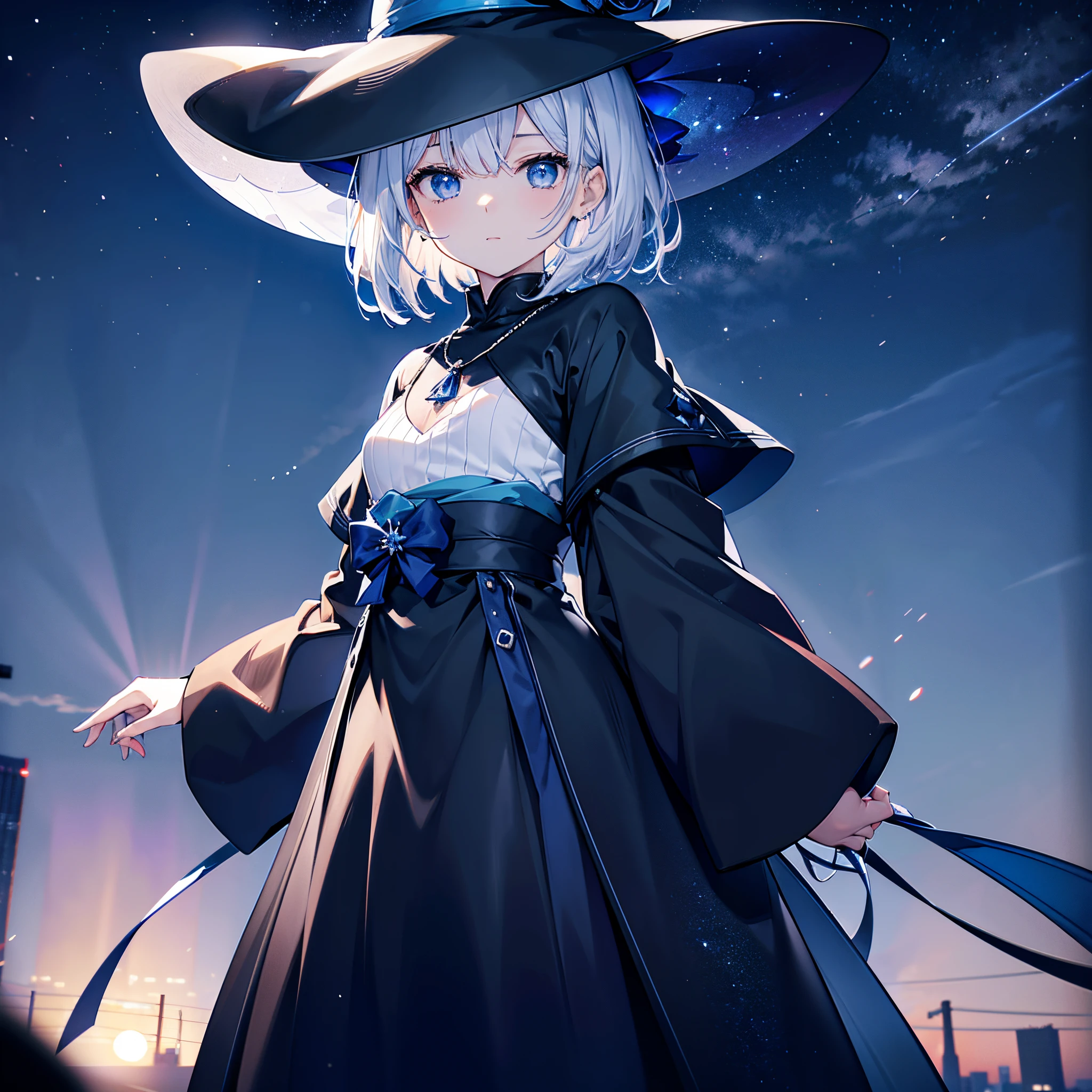 This is the rooftop of a skyscraper in Tokyo.、It's late at night now.、Behind me is a night view, a small moon, and a starry sky.、You can see the beautiful sea with the moonlight reflecting in the distance.、Photograph her from an angle of 45 degrees above、1 small breasted adult woman、She wears a large black witch hat with sapphire accessories、Loose, white medium short hair lob hair with pale blue mesh、blue eyes、Black long coat、White T-shirt、a black skirt、Cool face、Sapphire Necklace、cool lady、high-level image quality、High Quality、hight resolution、2 million pixels、Two-dimensional illustration、Japan Anime、,drawn by Japanese ilastrator、full-shot、hiquality、high détails、high-level image quality、4K picture quality、beatiful backgrounds