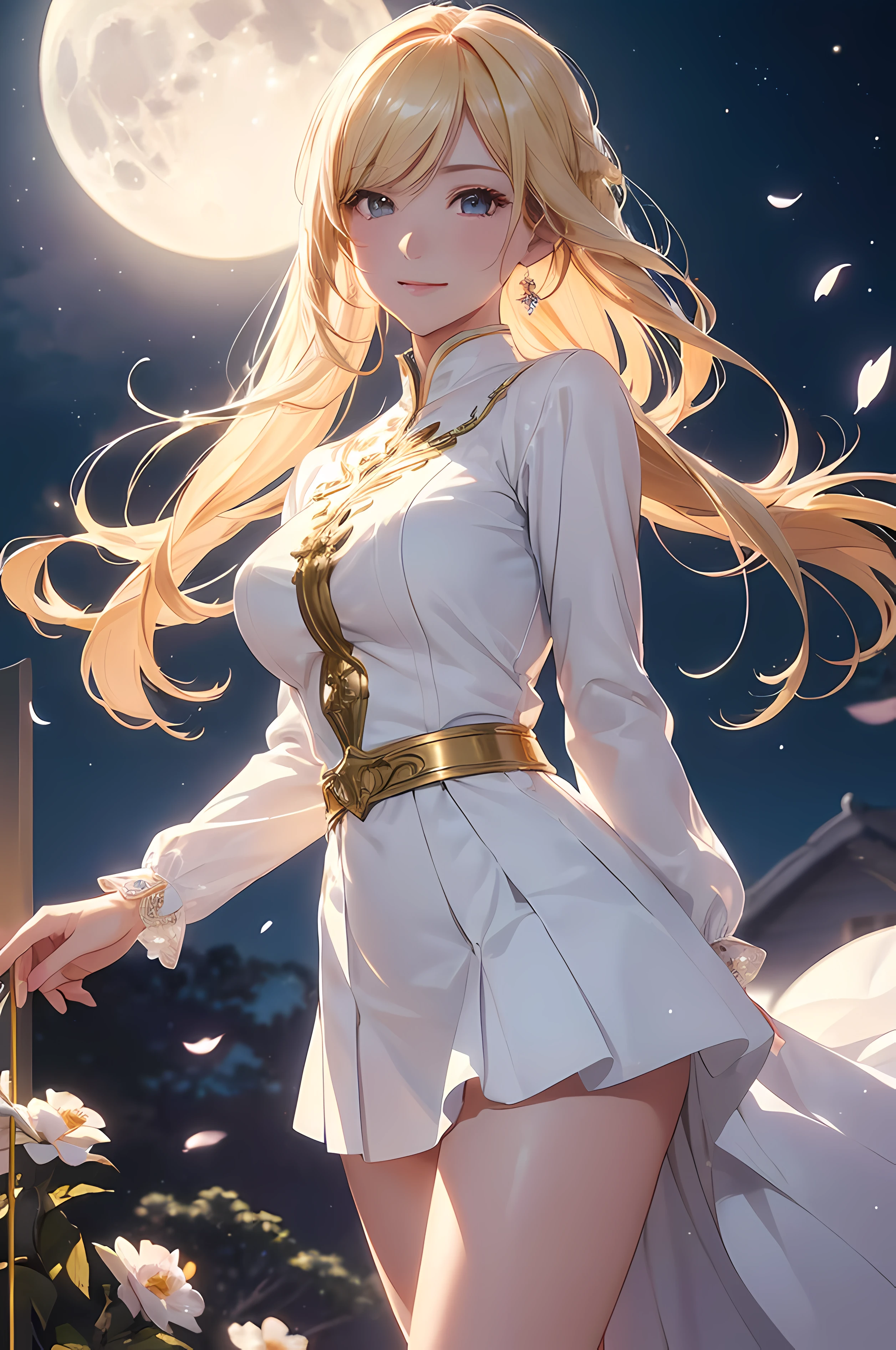 A beautiful woman, ((( golden knight, golden armor, white blouse, white skirt, elegance under the moon))), ((perfect body figure, beautiful face, beautiful face, milf, age 46, royal, blond color hair, ponytail hair style, beautiful skin, Extremely details hair, fine details)), (((cinematic lighting, beautiful lighting effect, creative design, full body frame, divine aura, hard harmony , shining moonlight, perfect color transition, perfect balance of contrast, perfect color layer, perfectly smooth color blur, soft rendering, smooth color stroke, moon glare, optic lens, moonlight ray, soft colors, smooth colors blend, perfect color rendering, harmony, perfect color harmony, beautiful color, soft harmony, light particles, perfect details, intricate details, color prism, fine details, refine details))), Tachibana Omina art style, affectionate eyes, half a smile, slightly open mouth, a gentle expression on his face, serene scenery, top of mountain, flowers bloom under the moon, petals, petals floating around, breeze and moonlight in the background, butterflies in the sky, realism, ((Best quality))),8k,((Masterpiece)),(Extremely refined and beautiful)