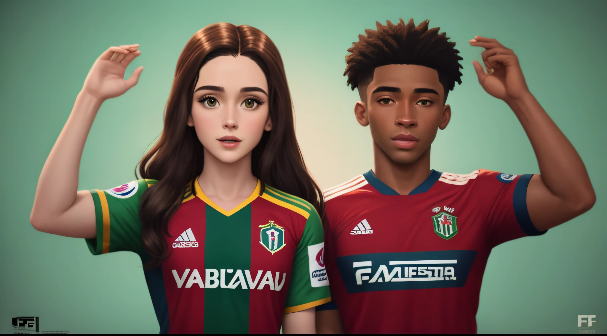 Disney style movie poster with 28 year old woman character, pele parda, cabelo preto longo e ondulado, olhos castanhos claros, vestindo a camisa tricolor nas cores verde, white and maroon of the fluminense football club with the emblem written ffc by Umbro at the Maracanã stage