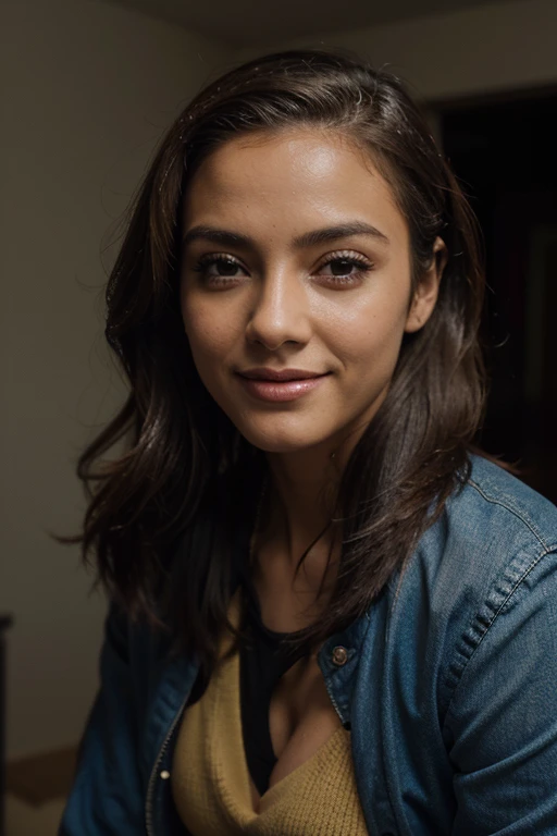 A beautiful n1n4d woman,1girl,solo,long hair,   She has long, brown hair and is wearing in a red jacket holds a Salvador Dalí mask in her hand.looking directly at the camera. Lips,realistic,soft lighting, professional Photography, Photorealistic, detailed, RAW, analog, sharp focus, 8k, HD, high quality, masterpiece