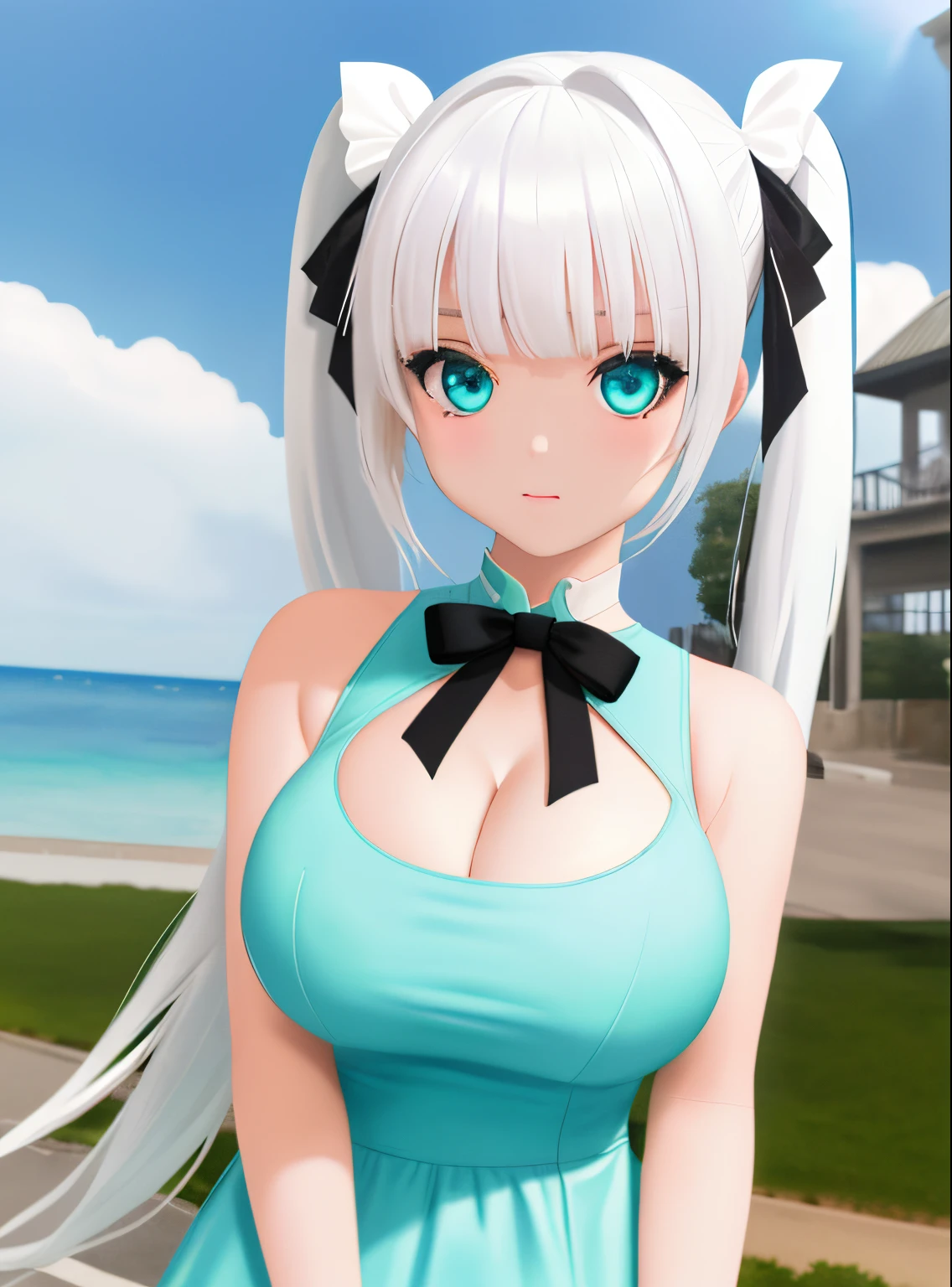 masterpiece, (best quality:1.4), detailed, girl, (solo), (white hair:1.2), (medium twintail hair:1.3), (sidelocks:1.1), (bangs:1.1), (large breast:1.3), ribbon, (aqua eyes:1.2), (bitchy:1.2), flower on head, upper body, (tank top:1.0), (hot dress:1.2), (looking at viewer:1.2), sexy, detailed eyes, detailed hair, highres, outdoor, sky, (lighting:1.2), high details