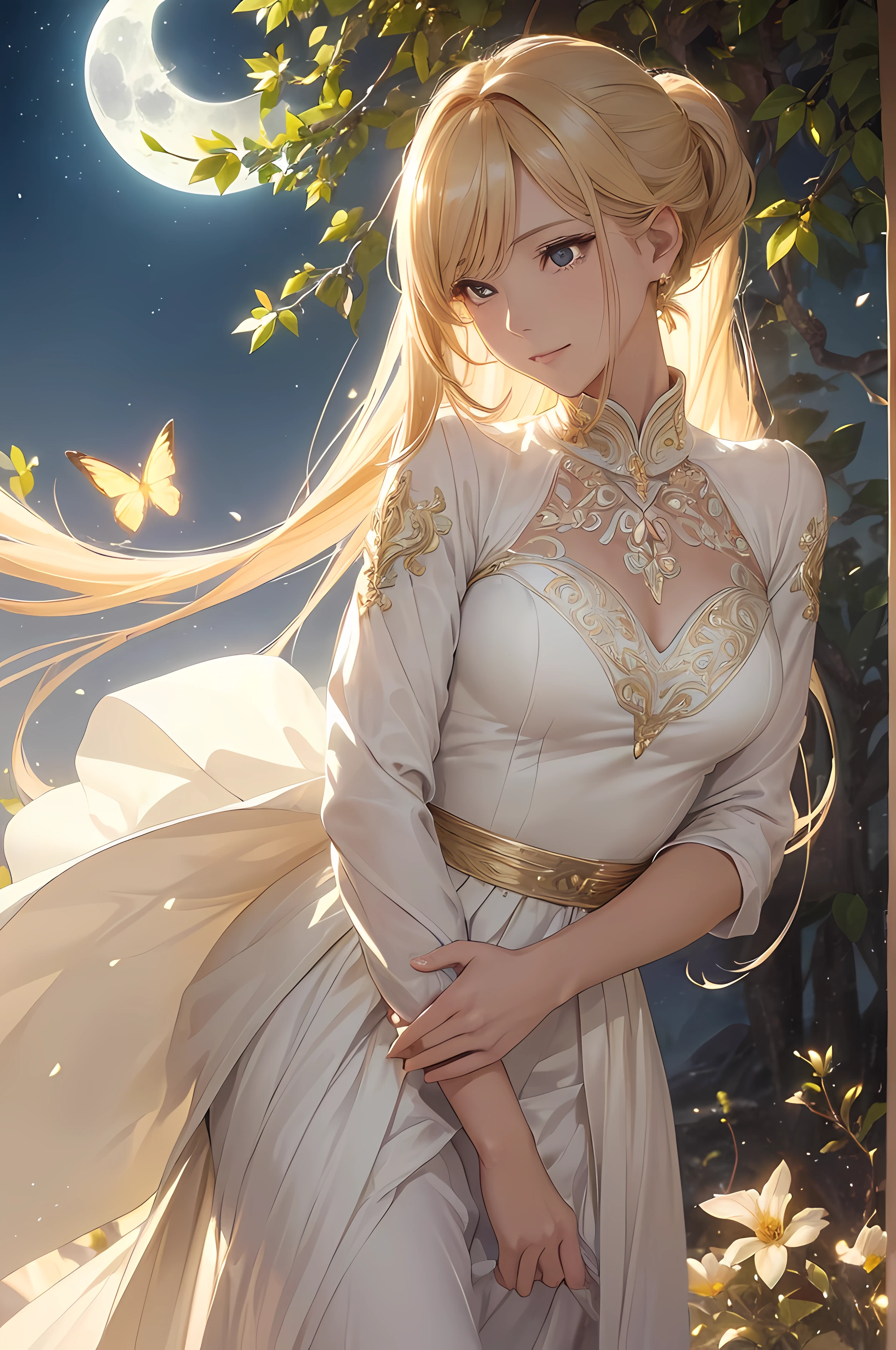 A beautiful woman, ((( golden knight, golden armor, white blouse, long white skirt, elegance under the moon))), ((perfect body figure, beautiful face, beautiful face, milf, age 46, royal, blond color hair, ponytail hair style, beautiful skin, Extremely details hair, fine details)), (((cinematic lighting, beautiful lighting effect, creative design, full body frame, divine aura, hard harmony , shining moonlight, perfect color transition, perfect balance of contrast, perfect color layer, perfectly smooth color blur, soft rendering, smooth color stroke, moon glare, optic lens, moonlight ray, soft colors, smooth colors blend, perfect color rendering, harmony, perfect color harmony, beautiful color, soft harmony, light particles, perfect details, intricate details, color prism, fine details, refine details))), Tachibana Omina art style, affectionate eyes, half a smile, slightly open mouth, a gentle expression on his face, serene scenery, top of mountain, a lot of flowers bloom under the moon, petals, petals floating around, breeze and moonlight in the background, butterflies in the sky, realism, ((Best quality))),8k,((Masterpiece)),(Extremely refined and beautiful)