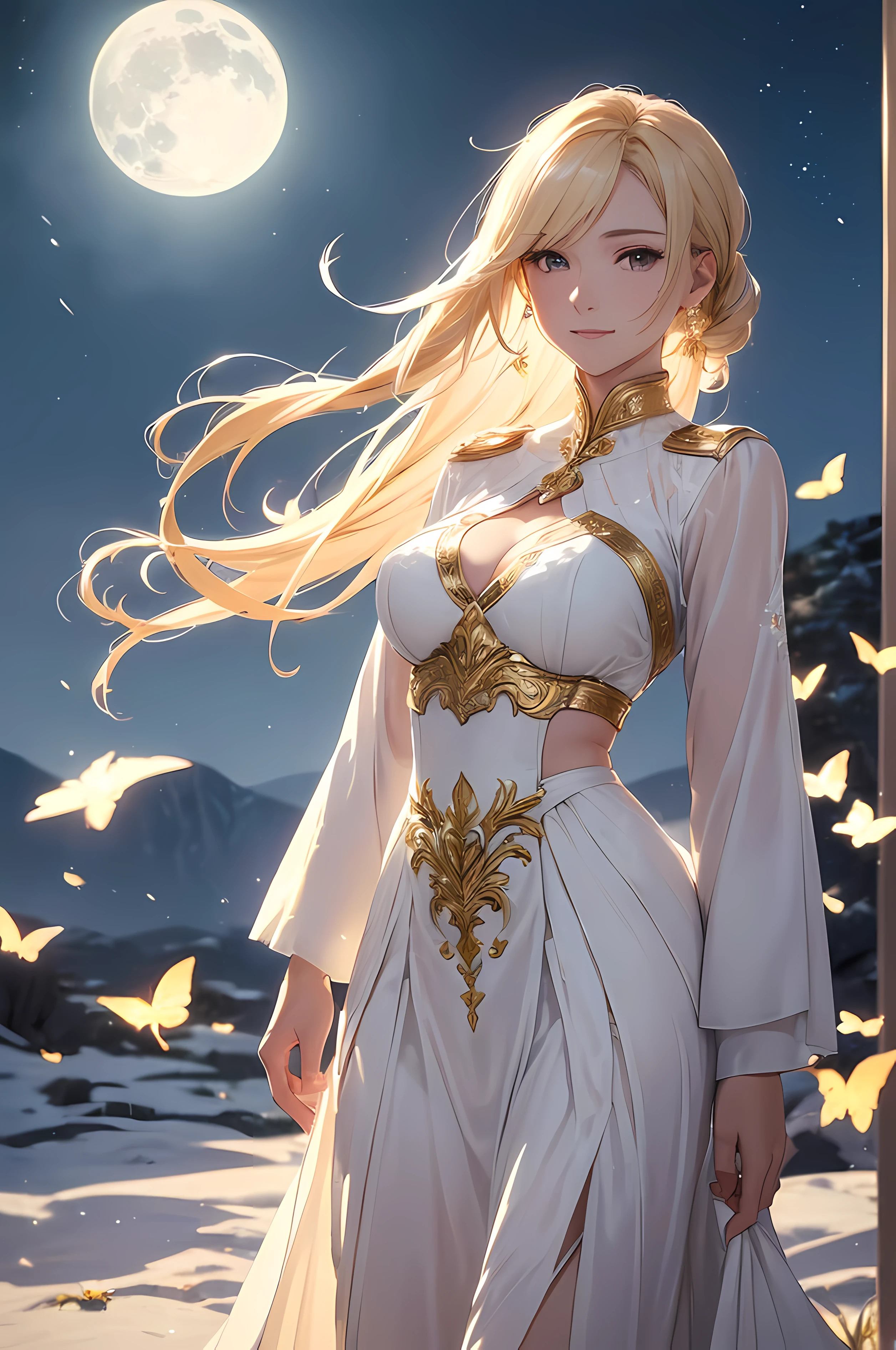 A beautiful woman, ((( golden knight, golden armor, white blouse, long white skirt, elegance under the moon))), ((perfect body figure, beautiful face, beautiful face, milf, age 46, royal, blond color hair, ponytail hair style, beautiful skin, Extremely details hair, fine details)), (((cinematic lighting, beautiful lighting effect, creative design, full body frame, divine aura, hard harmony , shining moonlight, perfect color transition, perfect balance of contrast, perfect color layer, perfectly smooth color blur, soft rendering, smooth color stroke, moon glare, optic lens, moonlight ray, soft colors, smooth colors blend, perfect color rendering, harmony, perfect color harmony, beautiful color, soft harmony, light particles, perfect details, intricate details, color prism, fine details, refine details))), Tachibana Omina art style, affectionate eyes, half a smile, slightly open mouth, a gentle expression on his face, serene scenery, top of mountain, a lot of flowers bloom under the moon, petals, petals floating around, breeze and moonlight in the background, butterflies in the sky, realism, ((Best quality))),8k,((Masterpiece)),(Extremely refined and beautiful)